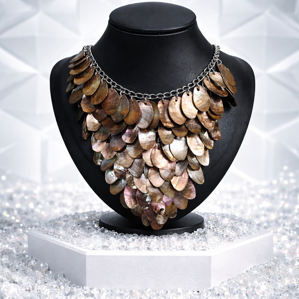 Statement Shell Necklace – Layered Natural Shells on Metal Chain, Boho Tribal St